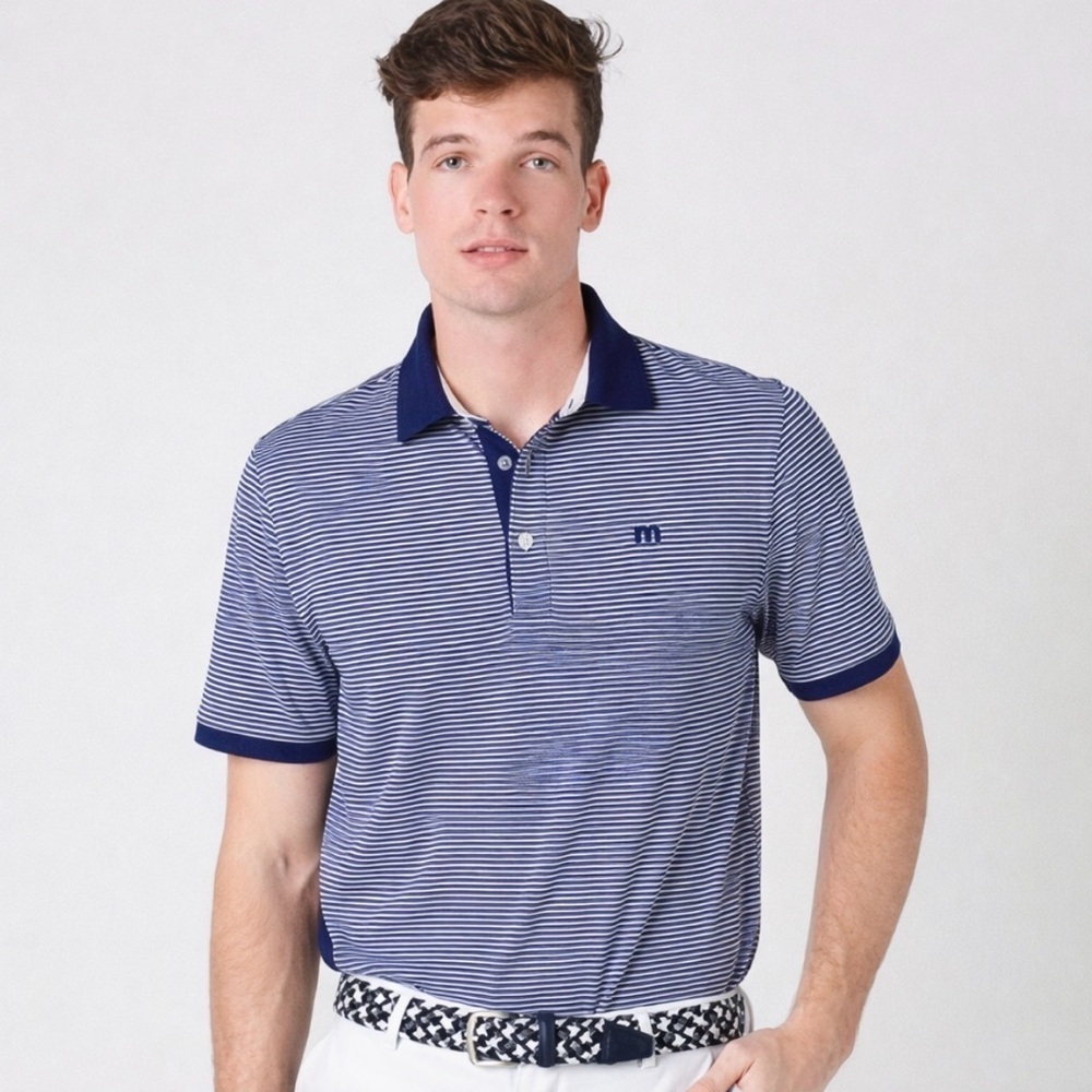 Greyson Golf Polo Sz Large Navy/White Stripe Big Canyon Country Club Sporty